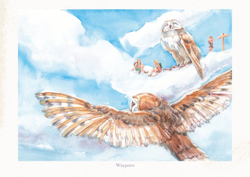owls flying with small people resting in the clouds