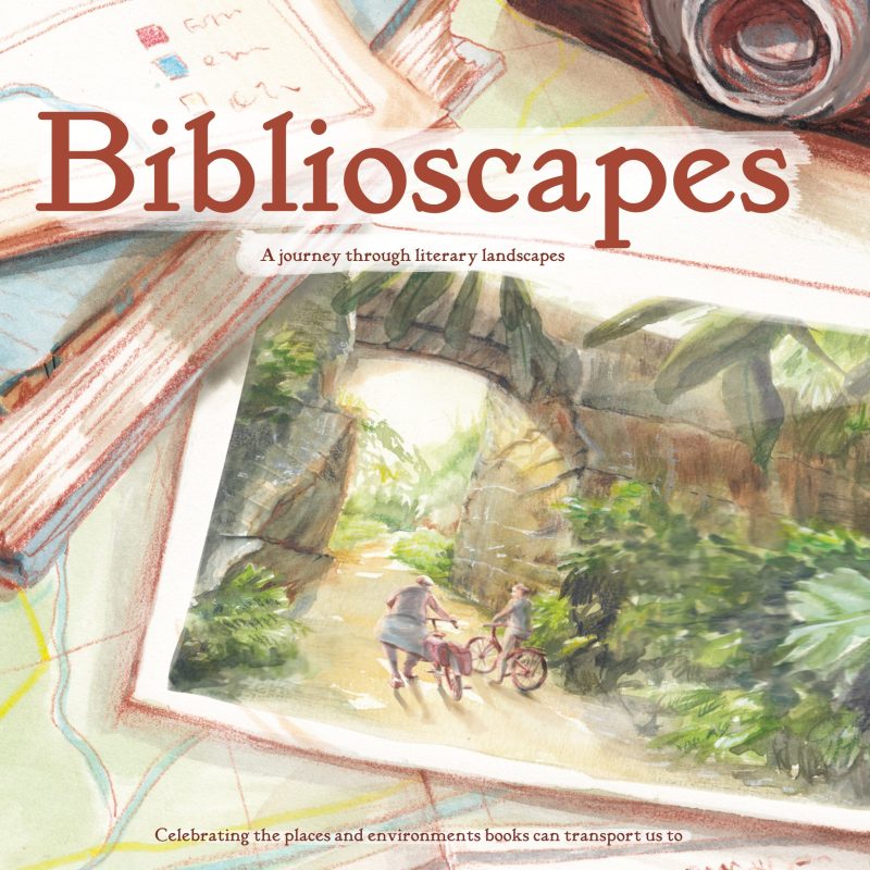 An illustration of a photograph, a vintage camera, and travel ephemera, with the title 'biblioscapes'