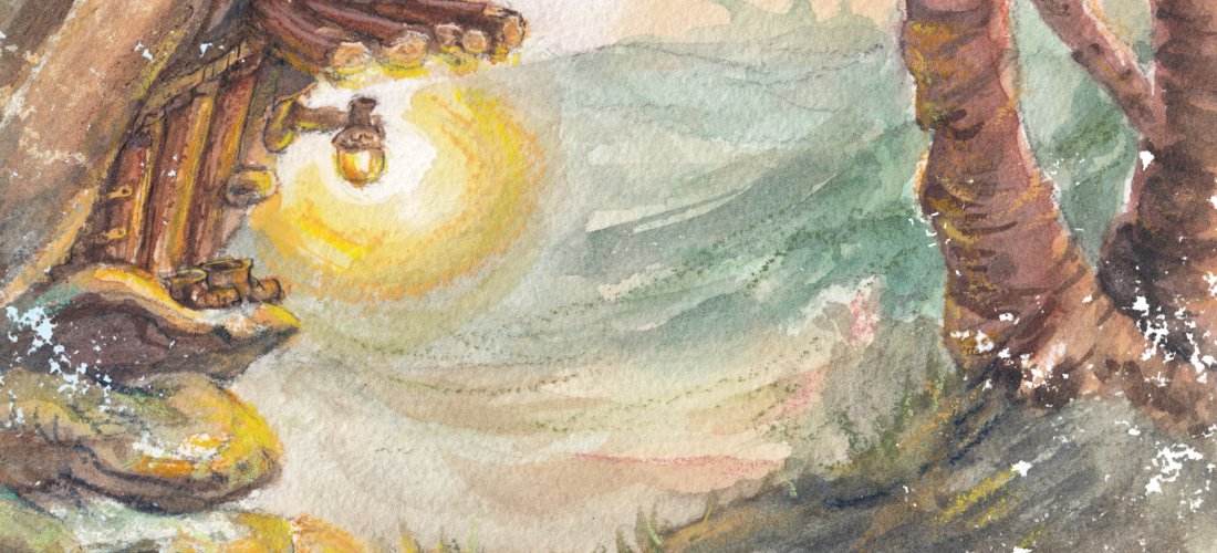 Poster titled 'UnderGrowth' with a painting of a mini doorstep in a tree trunk at dawn