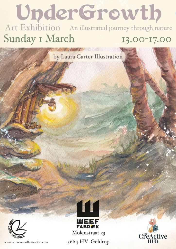 Poster titled 'UnderGrowth' with a painting of a mini doorstep in a tree trunk at dawn